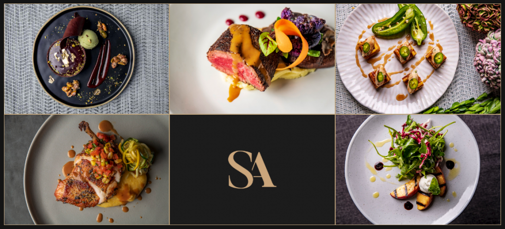 A collage of six gourmet dishes artfully presented on various plates.