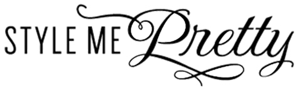 A stylized logo reading "style me pretty" with calligraphic letters and a pair of scissors and a comb integrated into the design.