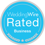 Badge indicating a business is rated by weddingwire.